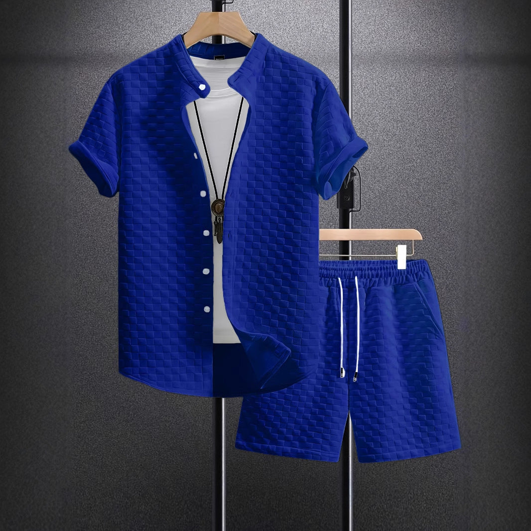 Classic Men's Jacquard Casual Short Sleeve Shirt Outfit
