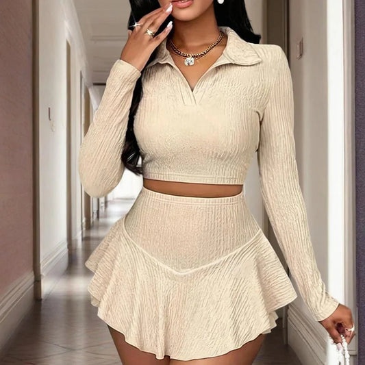 Women Solid Collar Cropped Top and Asymmetric Ruffle Skirt Set