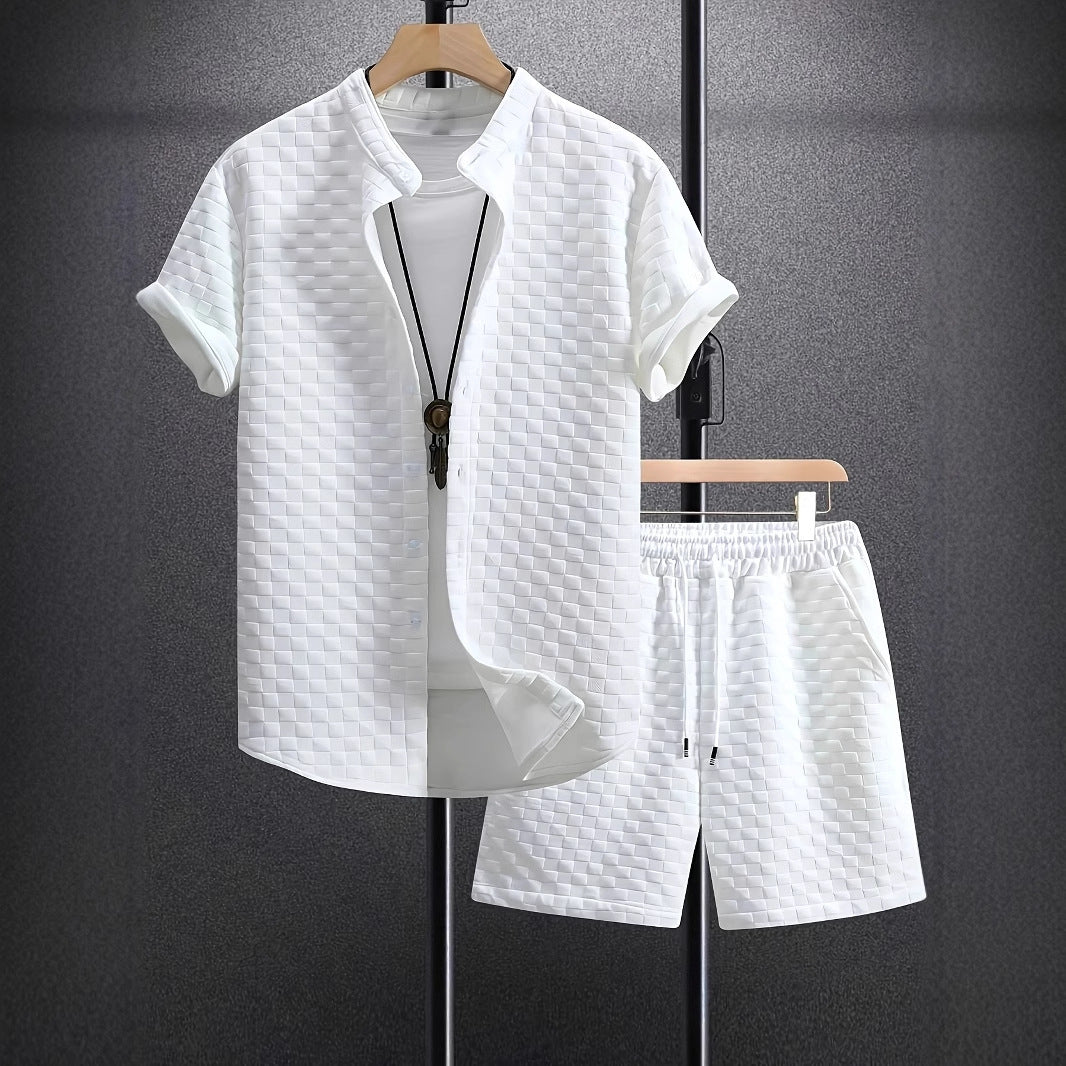 Classic Men's Jacquard Casual Short Sleeve Shirt Outfit