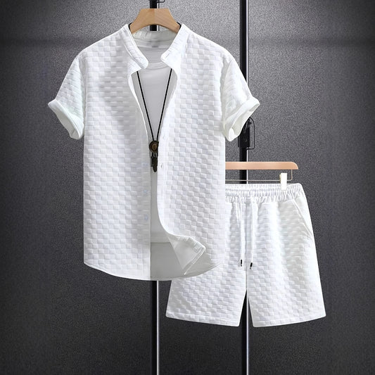 Classic Men's Jacquard Casual Short Sleeve Shirt Outfit