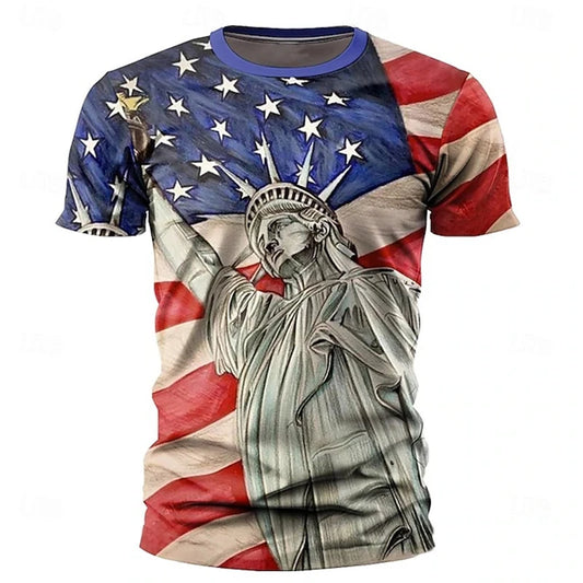 Summer Men'S Retro Flag Printed T-Shirt 3D Skull round Neck Short Sleeve Casual Breathable Men'S Large Size T Shirt Hot Model