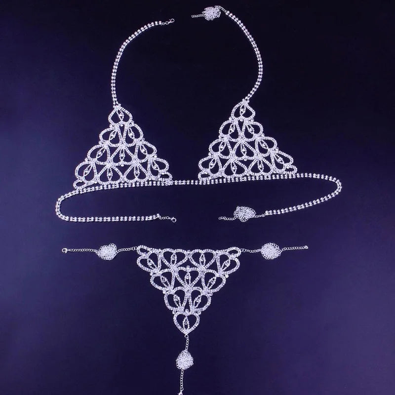 Stonefans Sexy Crystal Rhinestone Heart Body Chain Harness for Women Luxury Lingerie Bling Bikini Bra and Thong Set Jewelry