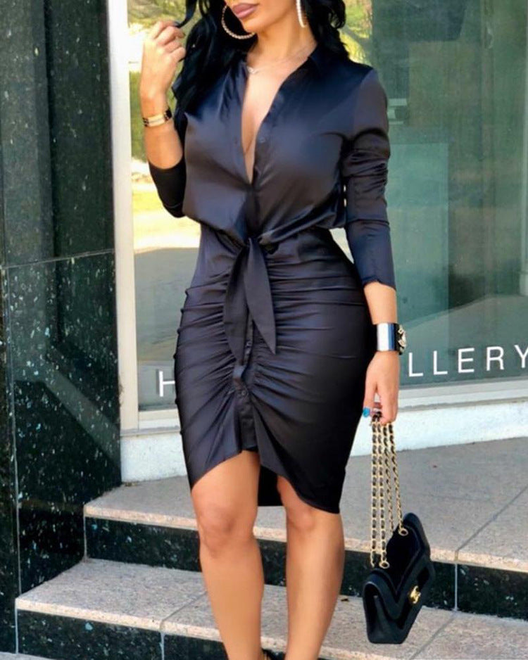 Women Lace-up Dress Solid Color Long Sleeve Midi Dress Shirt Dress Elegant