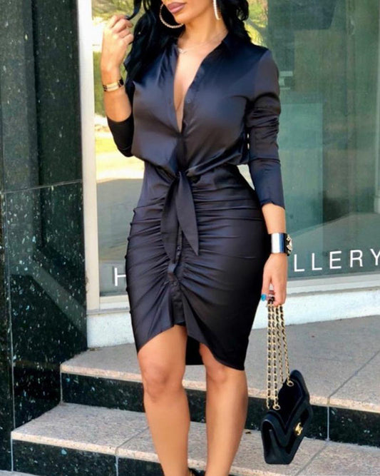 Women Lace-up Dress Solid Color Long Sleeve Midi Dress Shirt Dress Elegant