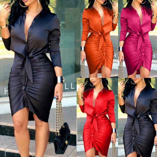 Women Lace-up Dress Solid Color Long Sleeve Midi Dress Shirt Dress Elegant