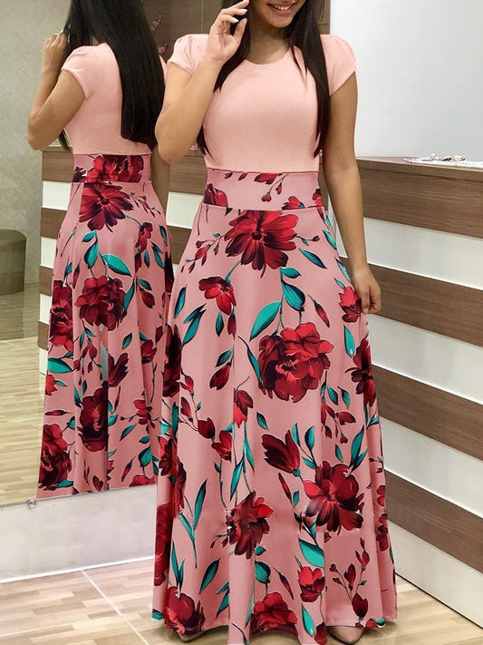 Cute flower Print Color Matching Long Sleeved Dress Women's Clothing