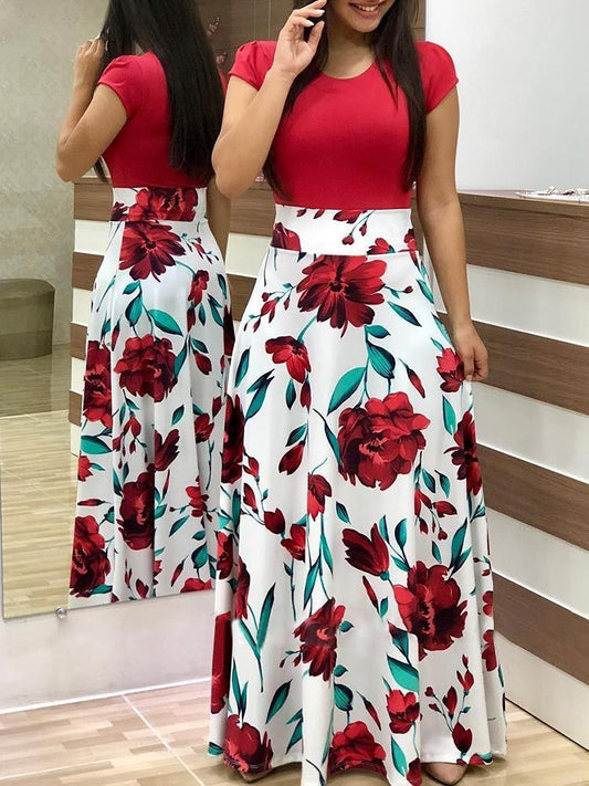 Cute flower Print Color Matching Long Sleeved Dress Women's Clothing