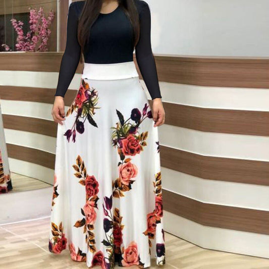 Cute flower Print Color Matching Long Sleeved Dress Women's Clothing