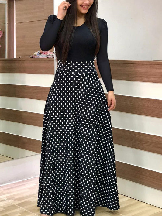 Cute flower Print Color Matching Long Sleeved Dress Women's Clothing