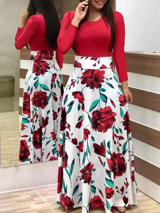 Cute flower Print Color Matching Long Sleeved Dress Women's Clothing