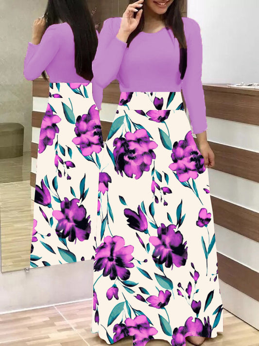 Cute flower Print Color Matching Long Sleeved Dress Women's Clothing