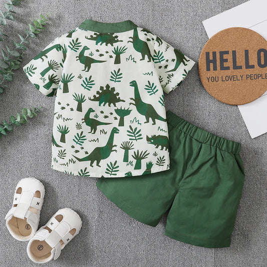Summer 1-5Years Toddler Boy 2Pcs Outfits Short Sleeve Button down Shirt + Elastic Waist Shorts Clothes Dinosaur Set