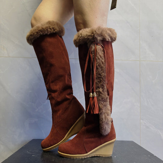 Female's Winter Plush Long Boots For Women Combat Boots Wedges Shoes