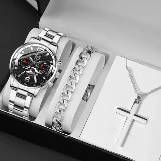 5PCS Set  Fashion Mens Calendar Watches Men Business Stainless Steel Quartz Wristwatch Male Casual Necklace Bracelet Watch