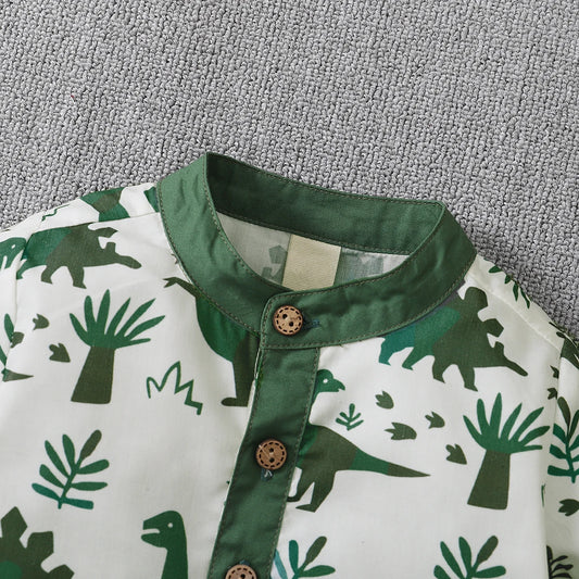 Summer 1-5Years Toddler Boy 2Pcs Outfits Short Sleeve Button down Shirt + Elastic Waist Shorts Clothes Dinosaur Set