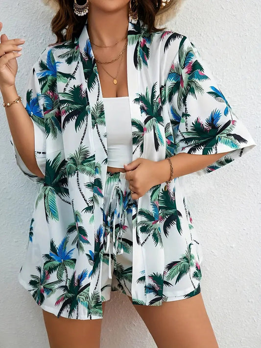 Women holiday Floral Print Elegant Two-piece Shirt Short Sleeve Top Drawstring High Waist Shorts