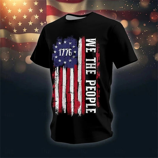 Summer Men'S Retro Flag Printed T-Shirt 3D Skull round Neck Short Sleeve Casual Breathable Men'S Large Size T Shirt Hot Model