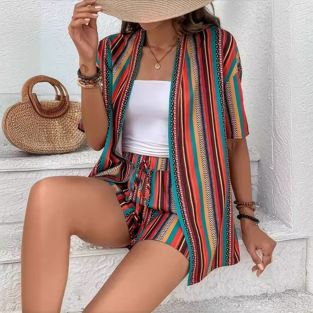 Women holiday Floral Print Elegant Two-piece Shirt Short Sleeve Top Drawstring High Waist Shorts