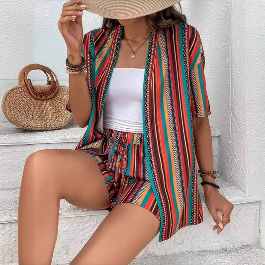 Women holiday Floral Print Elegant Two-piece Shirt Short Sleeve Top Drawstring High Waist Shorts