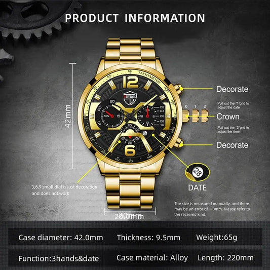 5PCS Set  Fashion Mens Calendar Watches Men Business Stainless Steel Quartz Wristwatch Male Casual Necklace Bracelet Watch