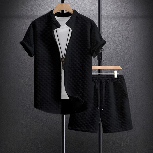 Classic Men's Jacquard Casual Short Sleeve Shirt Outfit