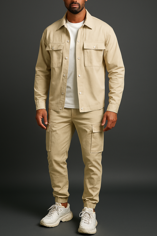 Men Flap Pocket Shirt & Drawstring Waist Pants