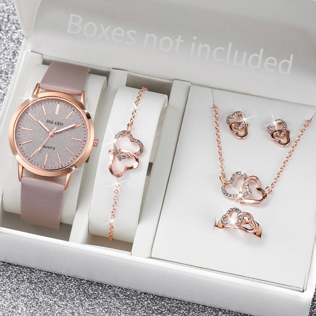 No package,6Pcs/Set Women Leather Band Quartz Watch and Lover Heart Rose Gold Color Jewelry Set