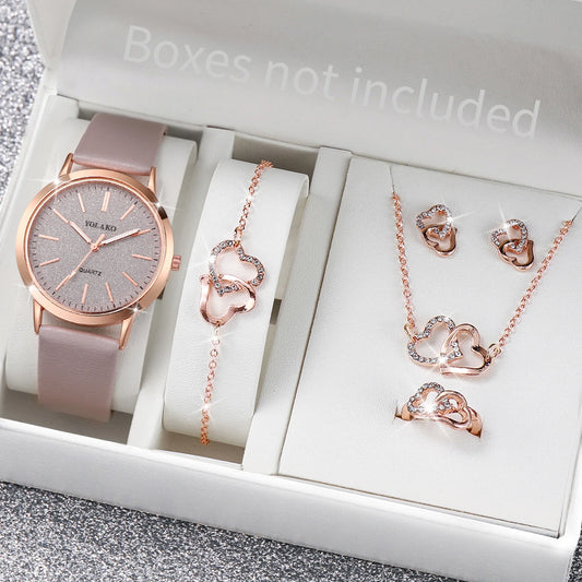 No package,6Pcs/Set Women Leather Band Quartz Watch and Lover Heart Rose Gold Color Jewelry Set