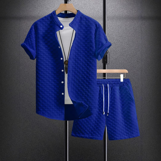 Classic Men's Jacquard Casual Short Sleeve Shirt Outfit