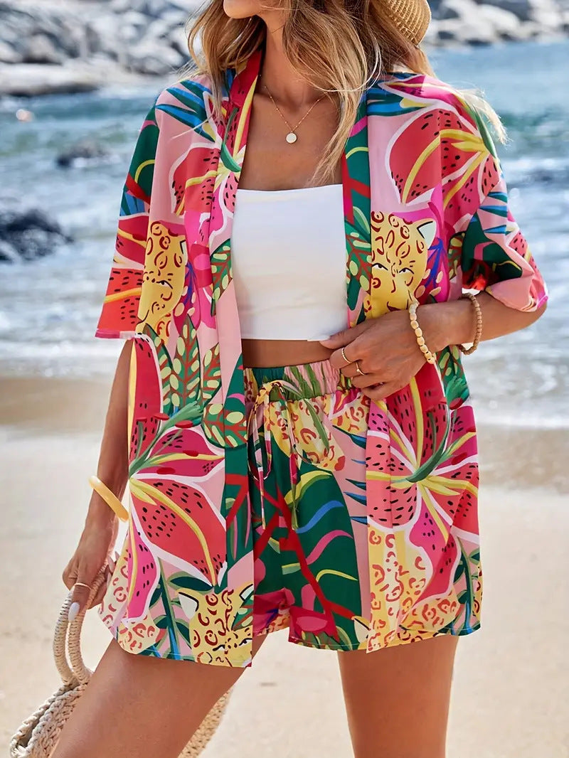 Women holiday Floral Print Elegant Two-piece Shirt Short Sleeve Top Drawstring High Waist Shorts