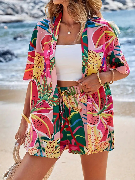 Women holiday Floral Print Elegant Two-piece Shirt Short Sleeve Top Drawstring High Waist Shorts