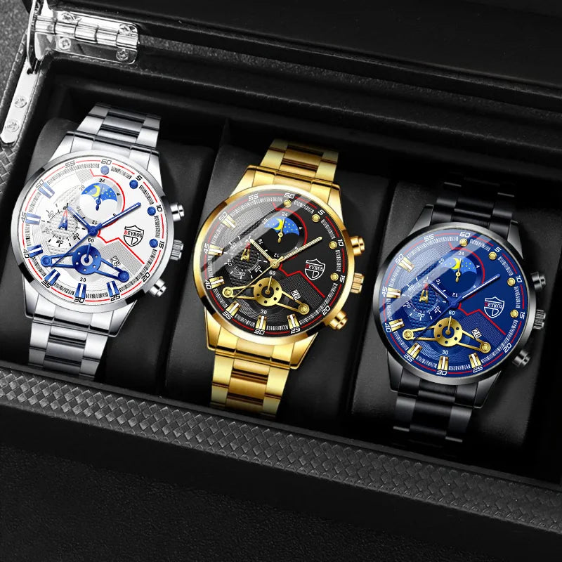 Reloj Hombre Men'S Luxury 3-Piece Business Watches Mens Full Calendar Leisure Sports Watch Men Stainless Steel Quartz Wishwatch