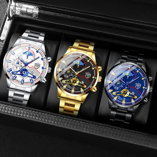 Reloj Hombre Men'S Luxury 3-Piece Business Watches Mens Full Calendar Leisure Sports Watch Men Stainless Steel Quartz Wishwatch