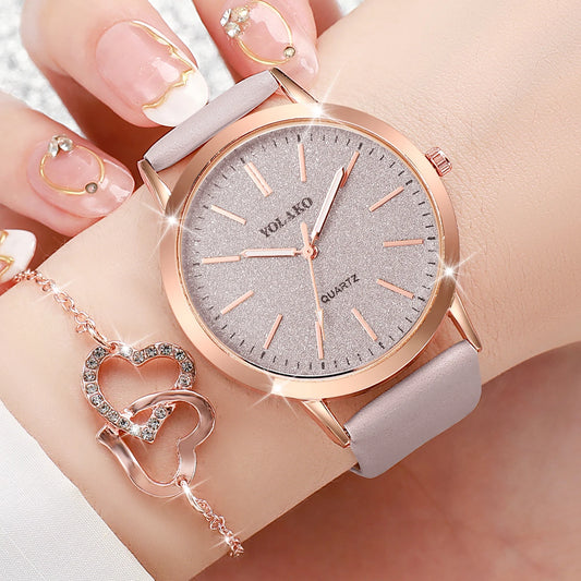 No package,6Pcs/Set Women Leather Band Quartz Watch and Lover Heart Rose Gold Color Jewelry Set