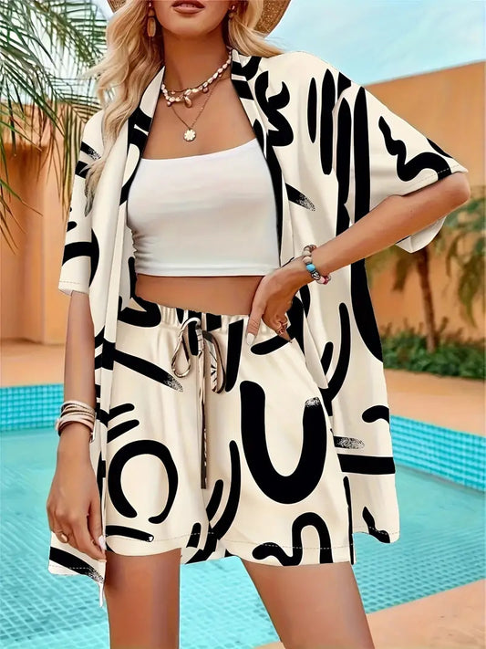 Women holiday Floral Print Elegant Two-piece Shirt Short Sleeve Top Drawstring High Waist Shorts
