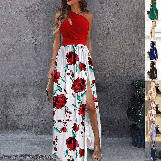 Cute Rose Print Split Dress Summer Fashion One-shoulder Long Dress Womens Clothing
