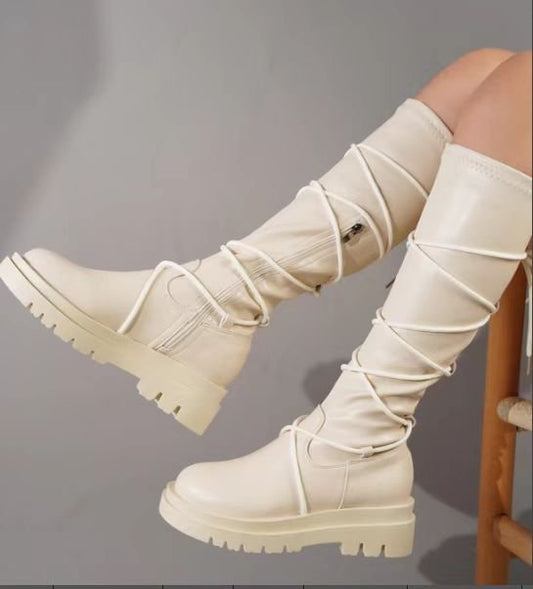 Female Lace-Up Platform Boots White Long Cowboy Boots Women