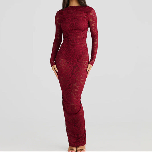 Long Sleeve Backless Lace See-through Slim-fit Dress