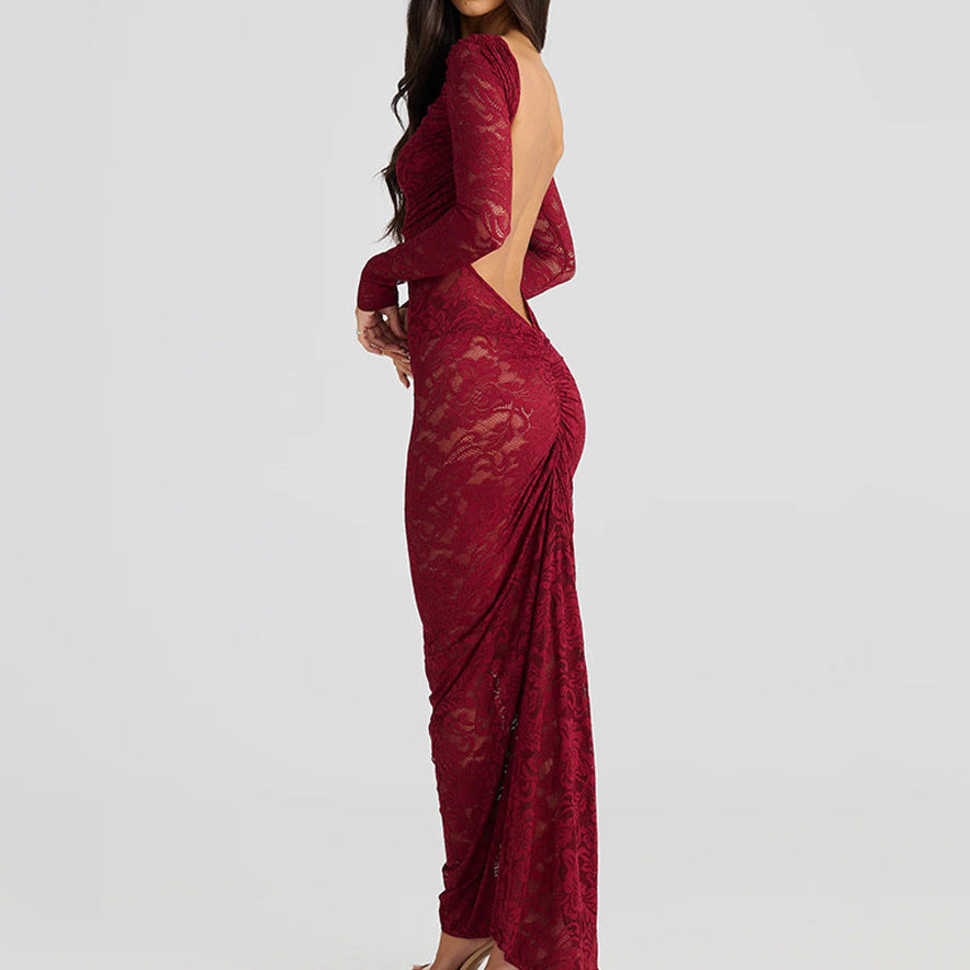 Long Sleeve Backless Lace See-through Slim-fit Dress