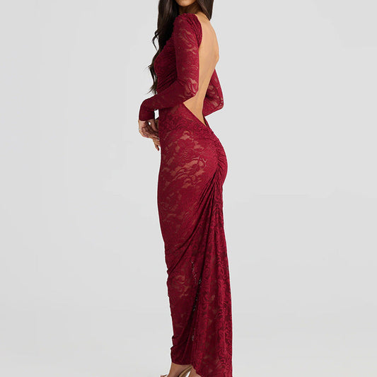 Long Sleeve Backless Lace See-through Slim-fit Dress