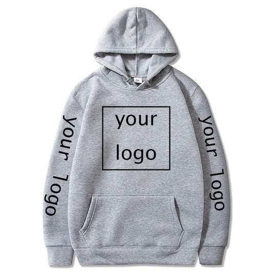 Gray hoodie with customizable logo area on a white background