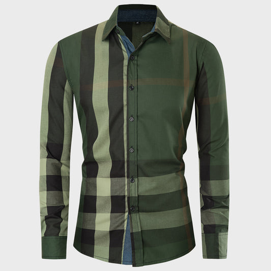 New Men's Cotton Long-sleeved Shirt Color Matching Plaid