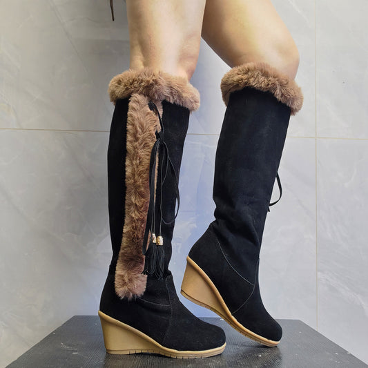 Female's Winter Plush Long Boots For Women Combat Boots Wedges Shoes