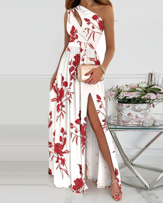 Cute Rose Print Split Dress Summer Fashion One-shoulder Long Dress Womens Clothing