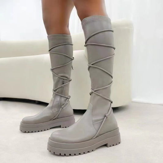 Female Lace-Up Platform Boots White Long Cowboy Boots Women