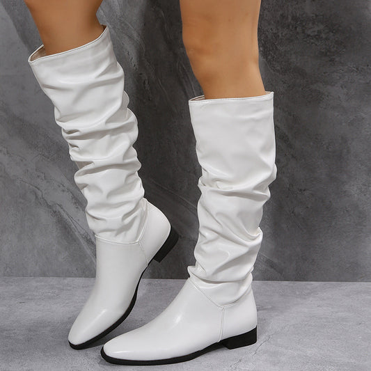 White Cowboy Boots Women Long Boots  Pointed Toe Shoes