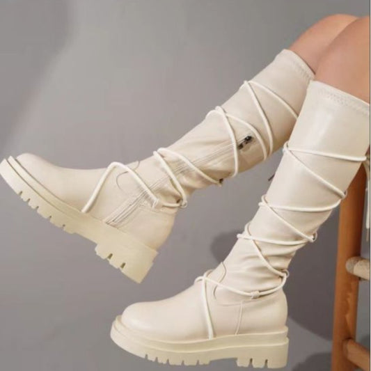 Female Lace-Up Platform Boots White Long Cowboy Boots Women