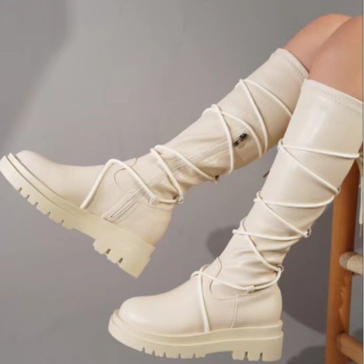 Female Lace-Up Platform Boots White Long Cowboy Boots Women