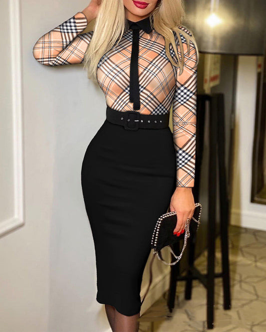 Women's New Style Printed Long-sleeved Waist Dress With Tie And Belt
