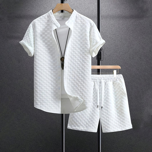 Classic Men's Jacquard Casual Short Sleeve Shirt Outfit